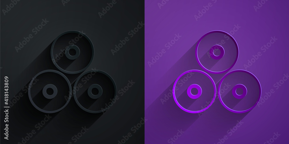 Paper cut Paint spray can icon isolated on black on purple background. Paper art style. Vector.