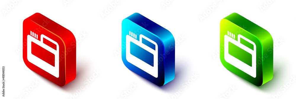 Isometric Paint, gouache, jar, dye icon isolated on white background. Red, blue and green square but