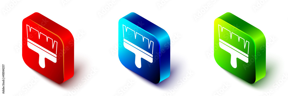 Isometric Paint brush icon isolated on white background. Red, blue and green square button. Vector.