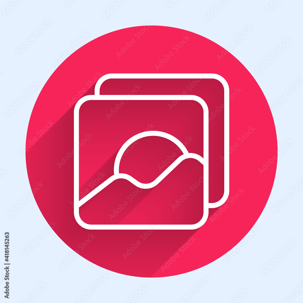 White line Photo icon isolated with long shadow. Red circle button. Vector Illustration.