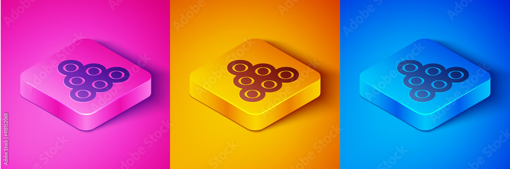 Isometric line Paint spray can icon isolated on pink and orange, blue background. Square button. Vec