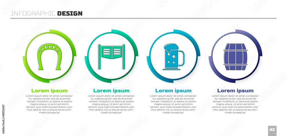 套装马蹄，沙龙门，木制啤酒杯和木桶。商业信息图模板。矢量
