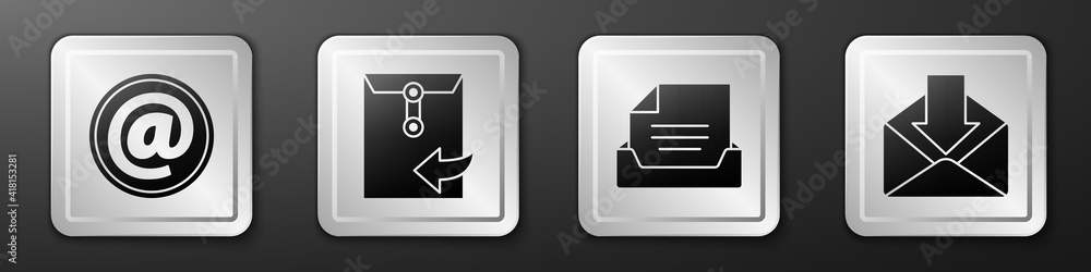 设置邮件和电子邮件、信封、带文档和信封图标的抽屉。银色方形按钮。矢量。