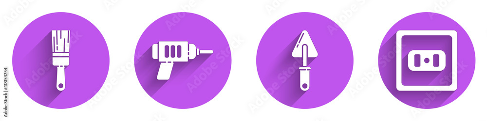 Set Paint brush, Electric drill machine, Trowel and Electrical outlet icon with long shadow. Vector.