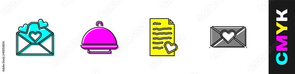 Set Envelope with Valentine heart, Covered tray, and icon. Vector.