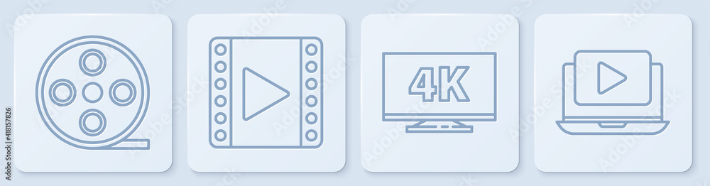 设置线电影卷轴，4k屏幕电视，播放视频和在线播放视频。白色方形按钮。矢量