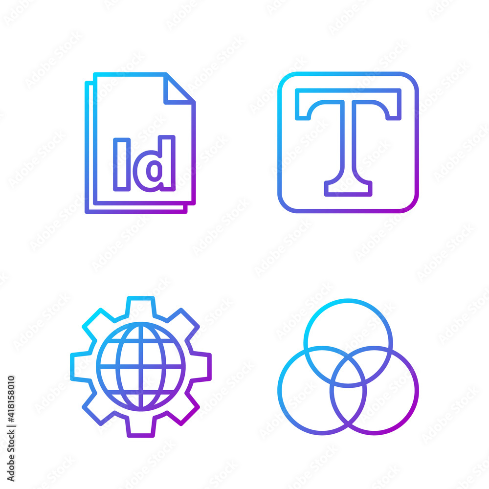 设置线RGB和CMYK颜色混合，地球仪和齿轮，ID文件文档和文本。渐变色