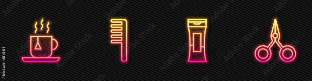 Set line Bottle of shampoo, Cup tea with tea bag, Hairbrush and Scissors. Glowing neon icon. Vector.