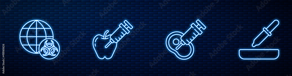 Set line Genetically modified meat, GMO, apple and Pipette. Glowing neon icon on brick wall. Vector.