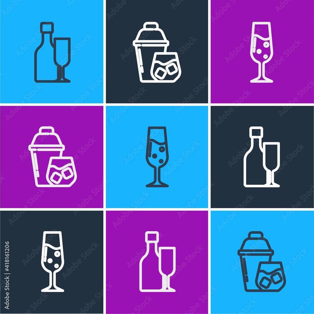 Set line Wine bottle with glass, Glass of champagne and Cocktail shaker icon. Vector.