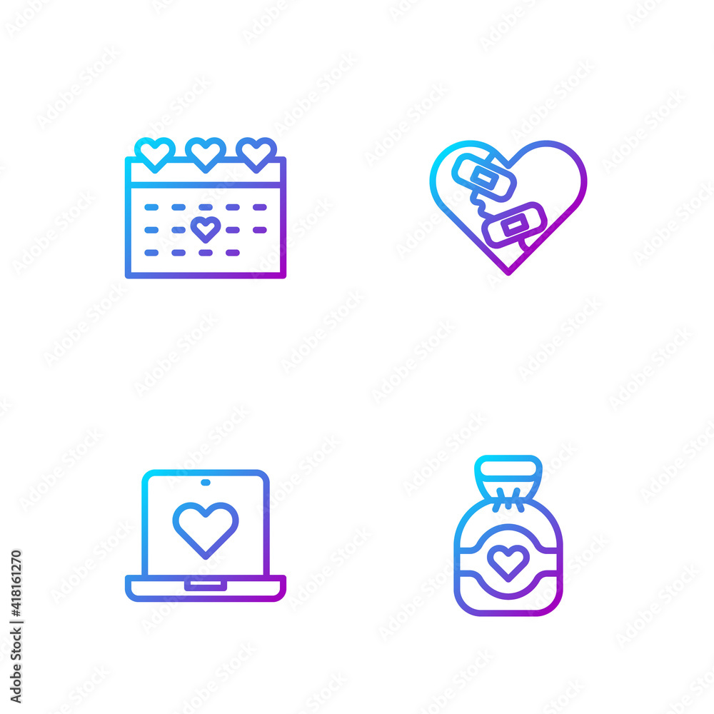 Set line Chocolate candy, Dating app online, Calendar with heart and Healed broken. Gradient color i