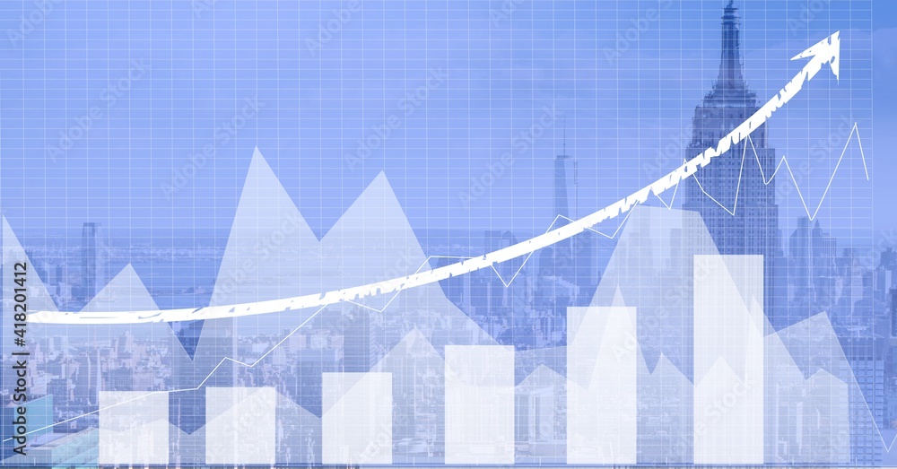 Financial data processing over modern cityscape in background