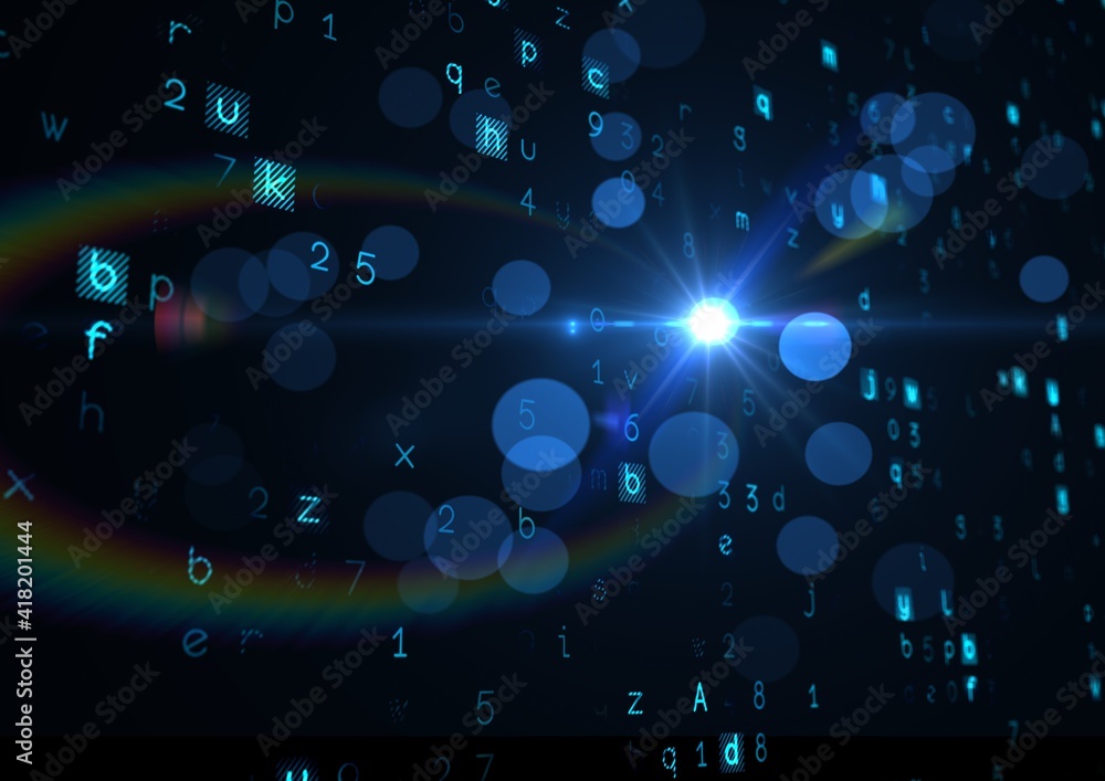 Glowing blue spots of light, letters and numbers on blue background