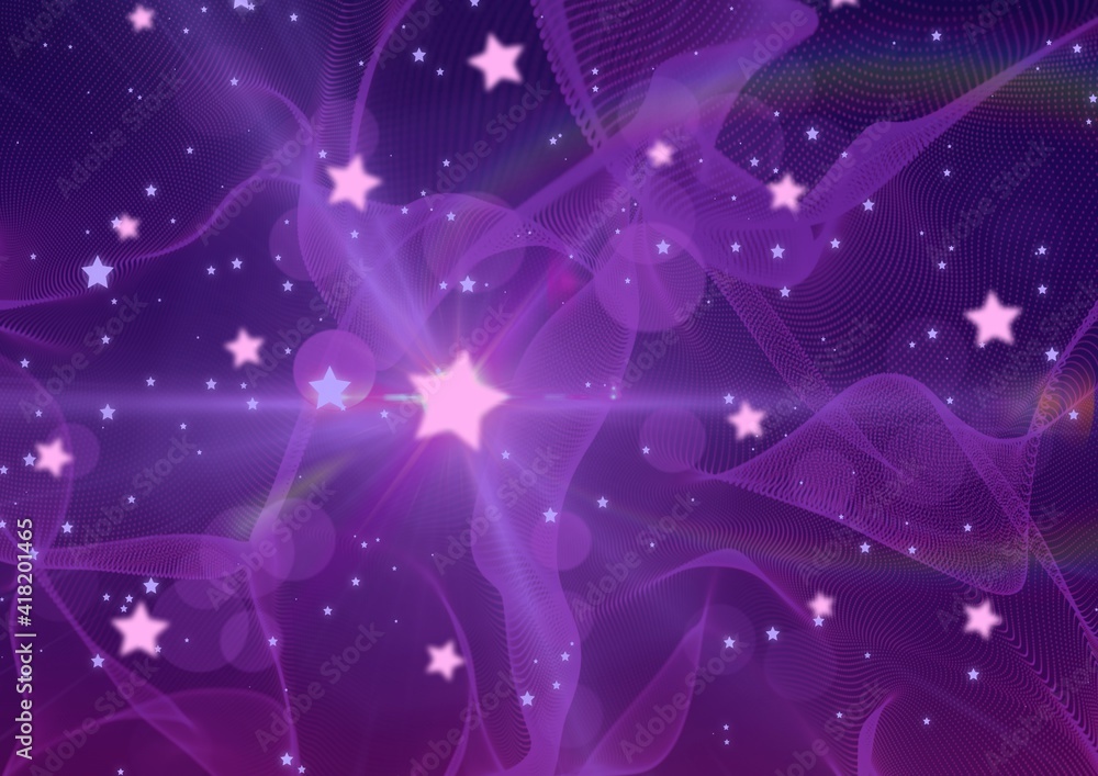 Glowing pink and blue stars over light trails and purple spots on purple background