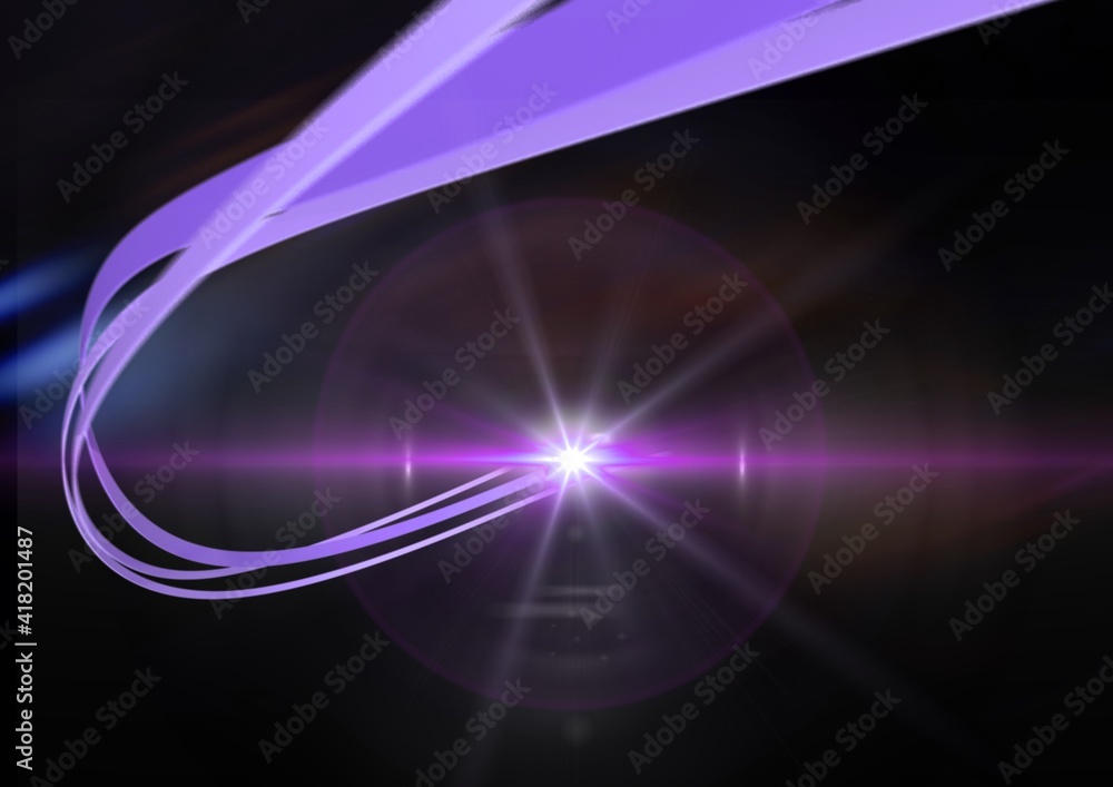 Glowing pink spot of light and purple light trails over dark background