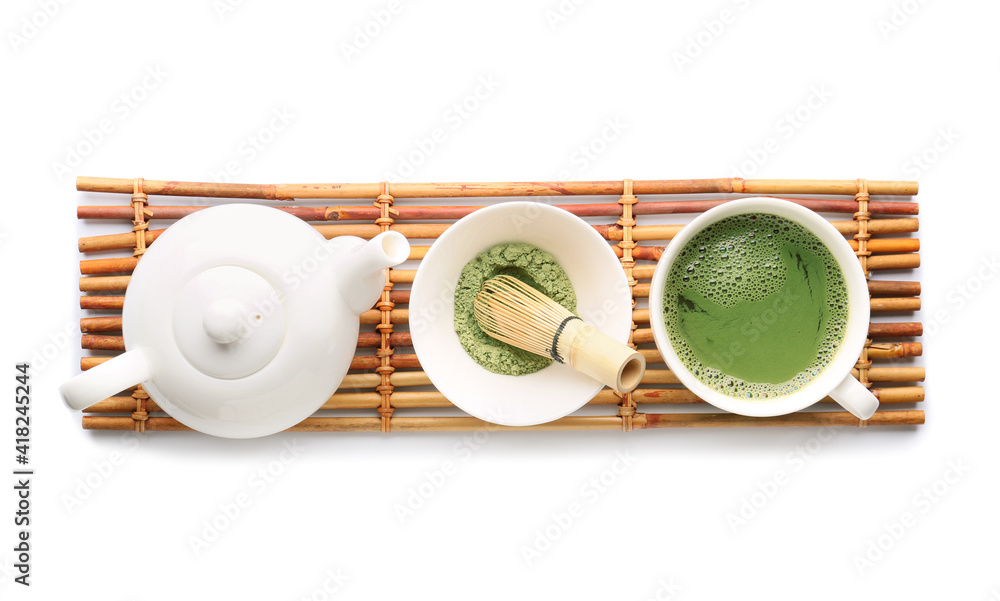 Composition with cup of matcha tea on white background