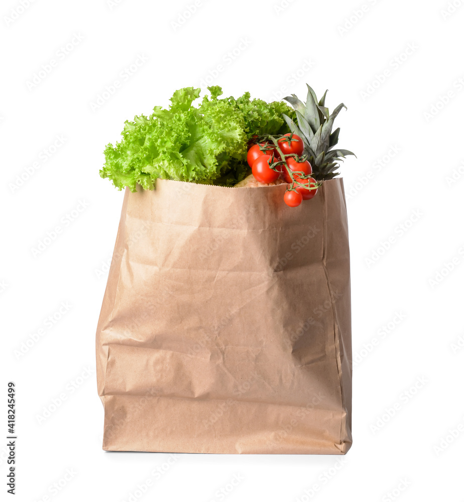 Shopping bag with different products on white background