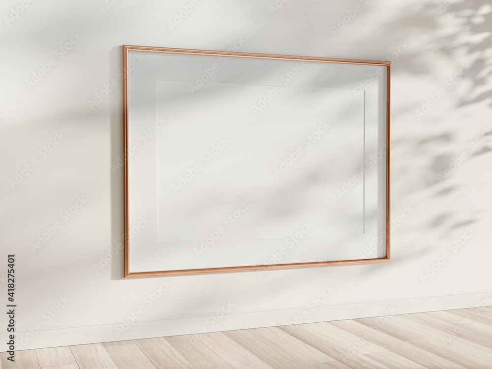 Golden frame hanging in bright interior mockup. Template of a picture framed on a wall 3D rendering