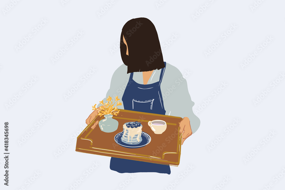 Woman in apron holding a tray with a breakfast, american pancakes with blueberry, coffee and fresh f