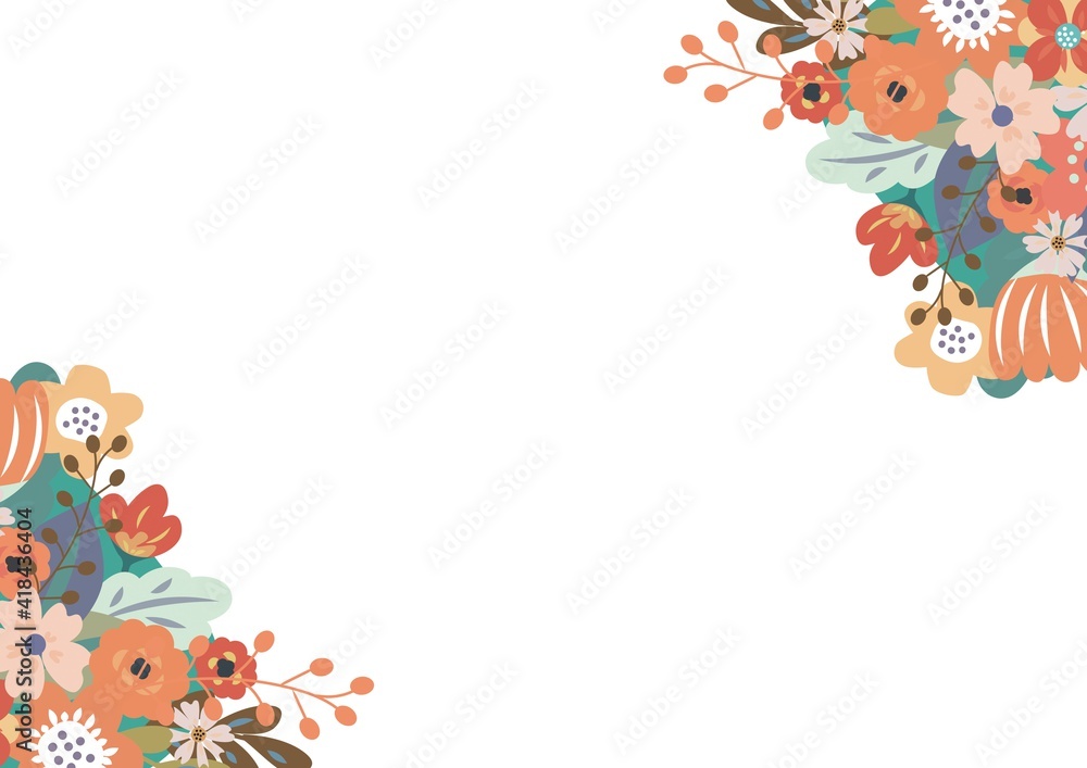 Illustration of colourful flowers in two corners with copy space on white background