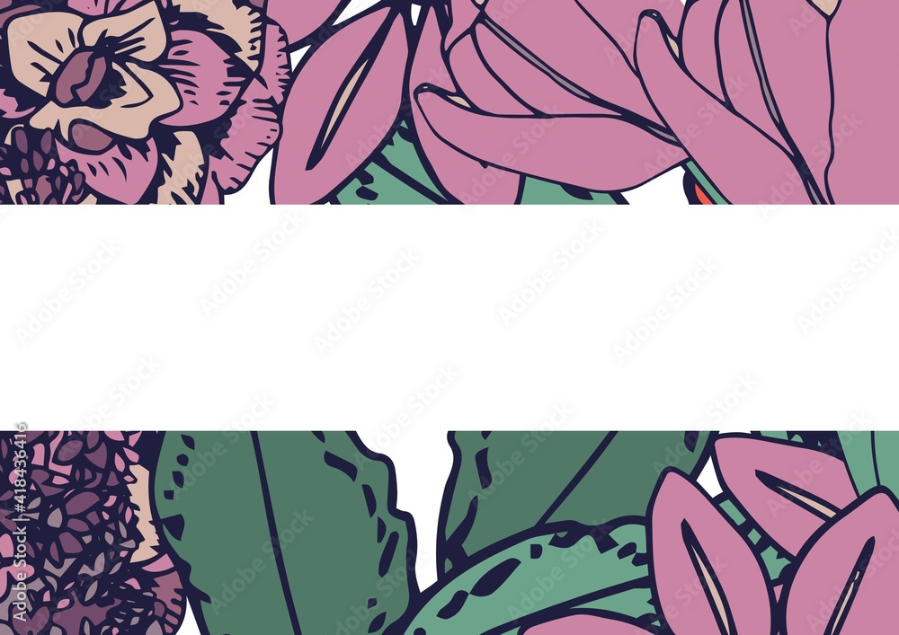 Illustration of pink flowers and green leaves with white copyspace between