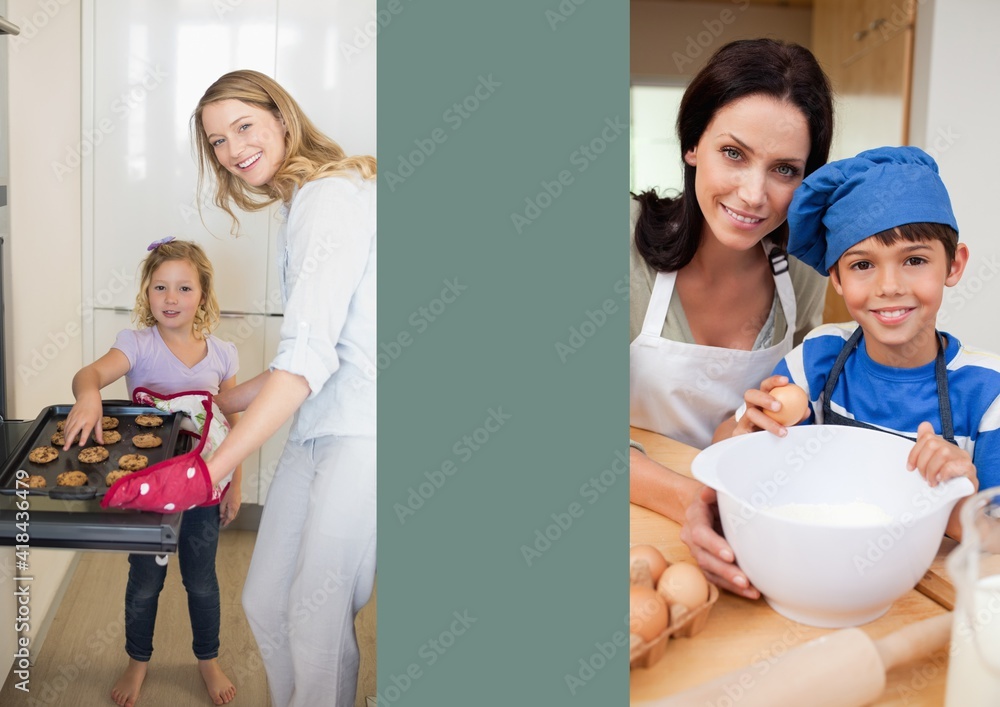 Illustration with two mothers baking with their children, blank stripe in middle