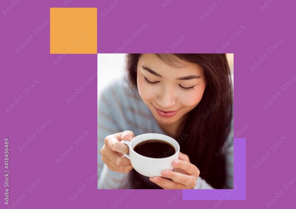 Illustration with photo of woman having coffee with orange square and purple background