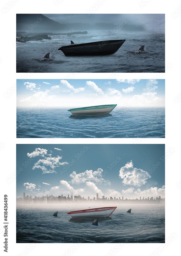 Composition of three photos with boat at sea