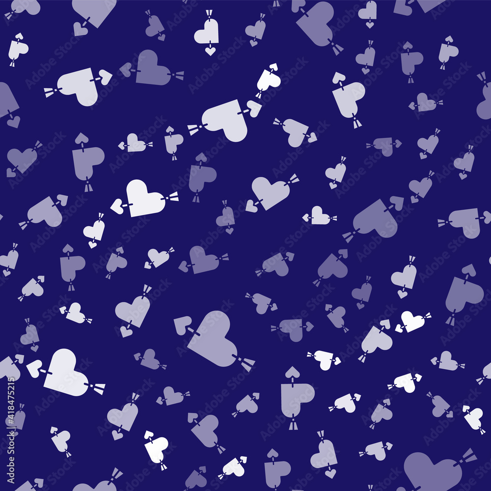 White Amour symbol with heart and arrow icon isolated seamless pattern on blue background. Love sign