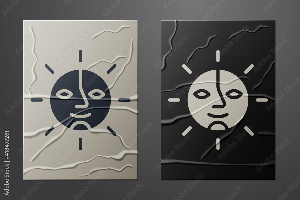 White Sun icon isolated on crumpled paper background. Paper art style. Vector.