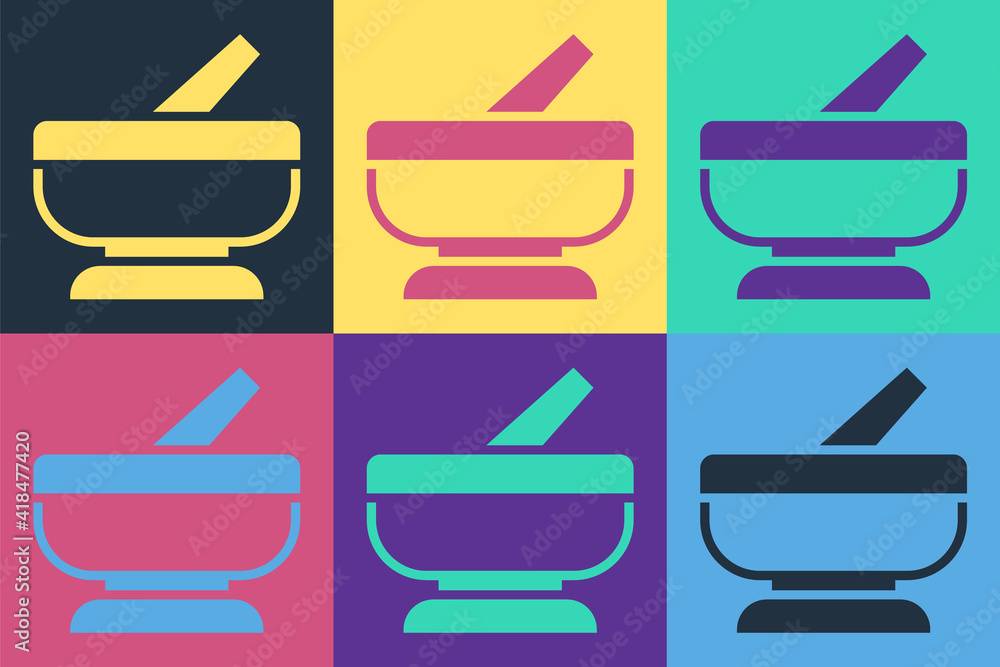 Pop art Mortar and pestle icon isolated on color background. Vector.