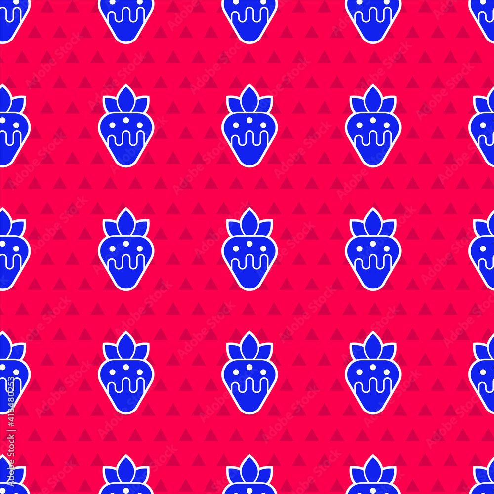 Blue Strawberry in chocolate icon isolated seamless pattern on red background. Vector.