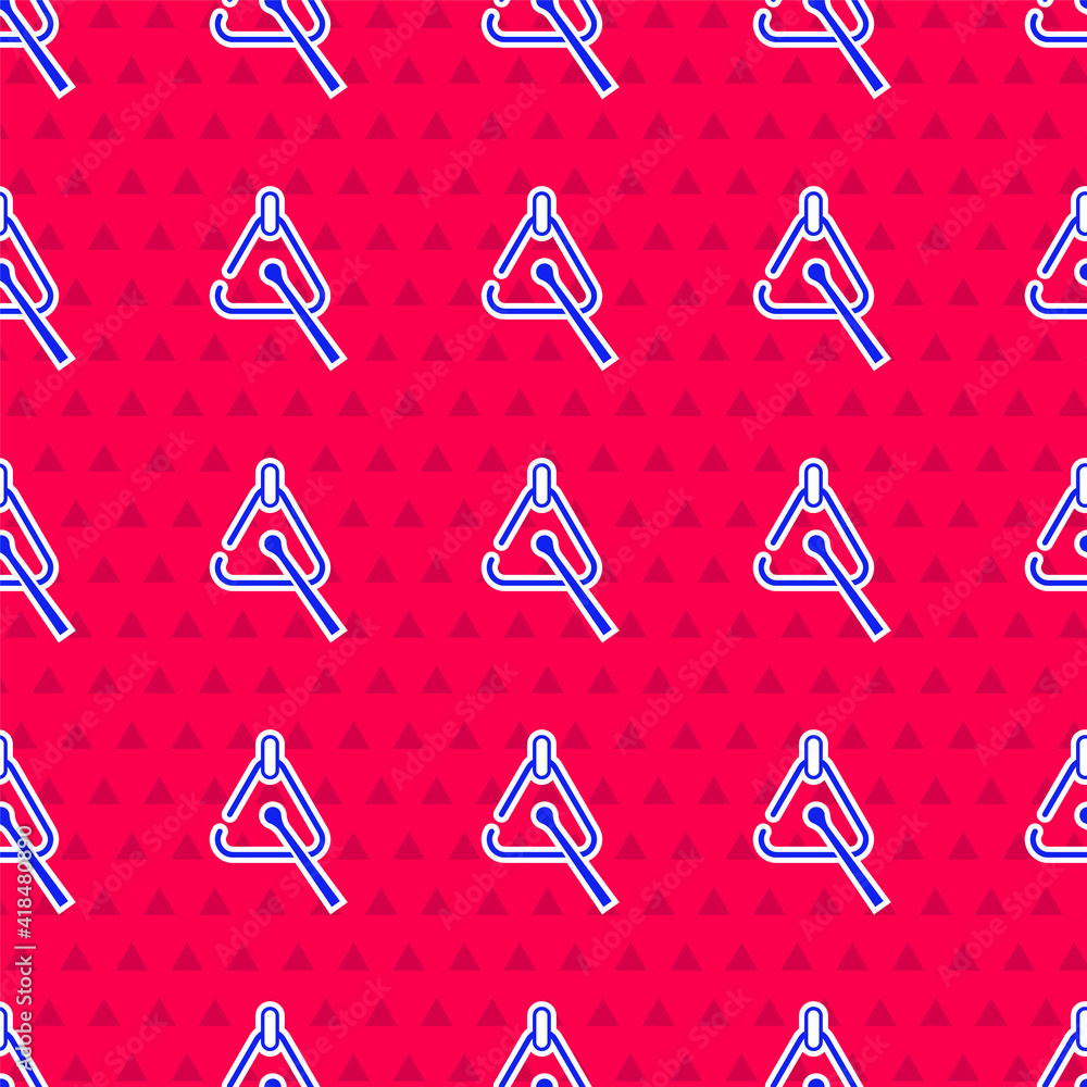 Blue Triangle musical instrument icon isolated seamless pattern on red background. Vector.