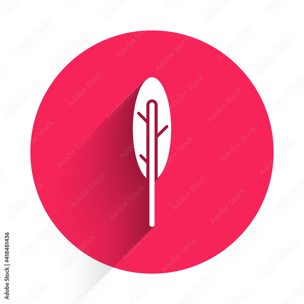 White Feather pen icon isolated with long shadow. Red circle button. Vector.