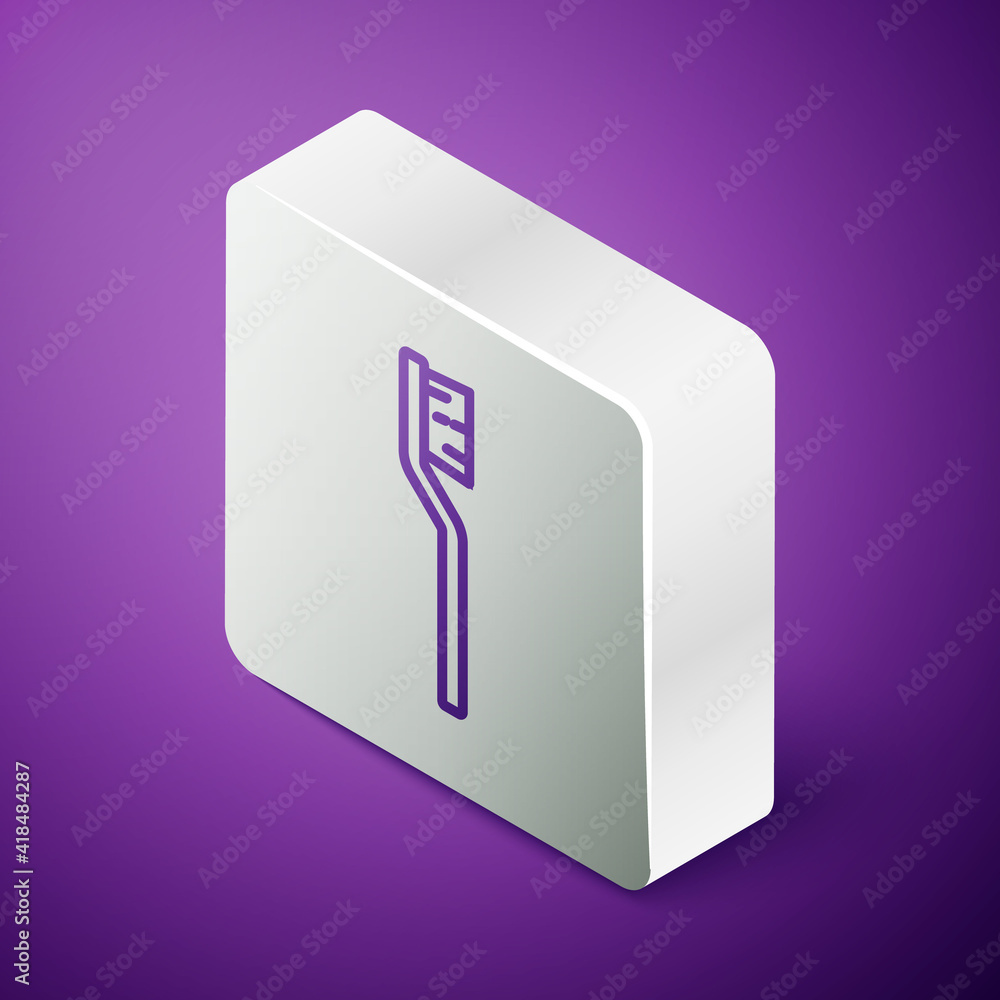 Isometric line Toothbrush icon isolated on purple background. Silver square button. Vector.