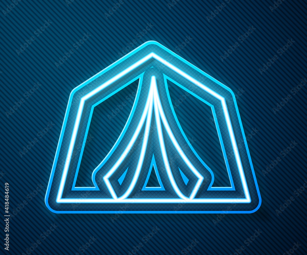 Glowing neon line Tourist tent icon isolated on blue background. Camping symbol. Vector.