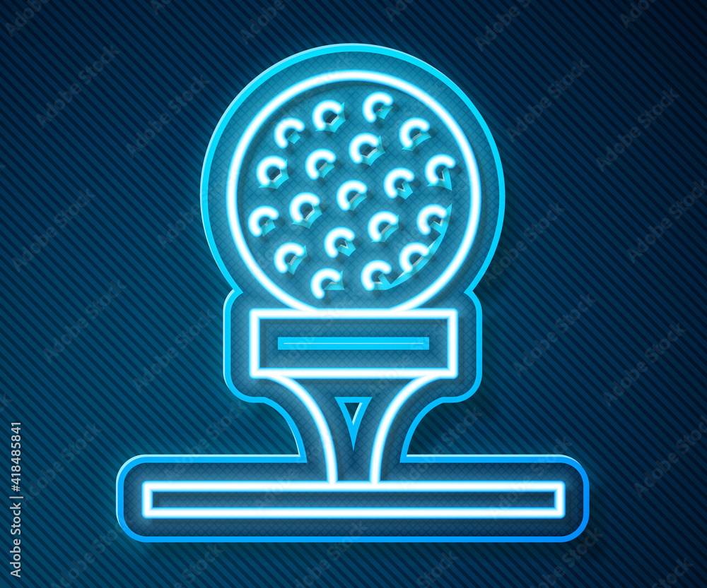 Glowing neon line Golf ball on tee icon isolated on blue background. Vector.