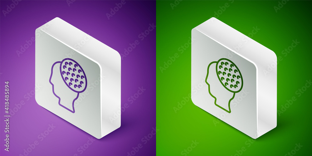 Isometric line Golf ball icon isolated on purple and green background. Silver square button. Vector.