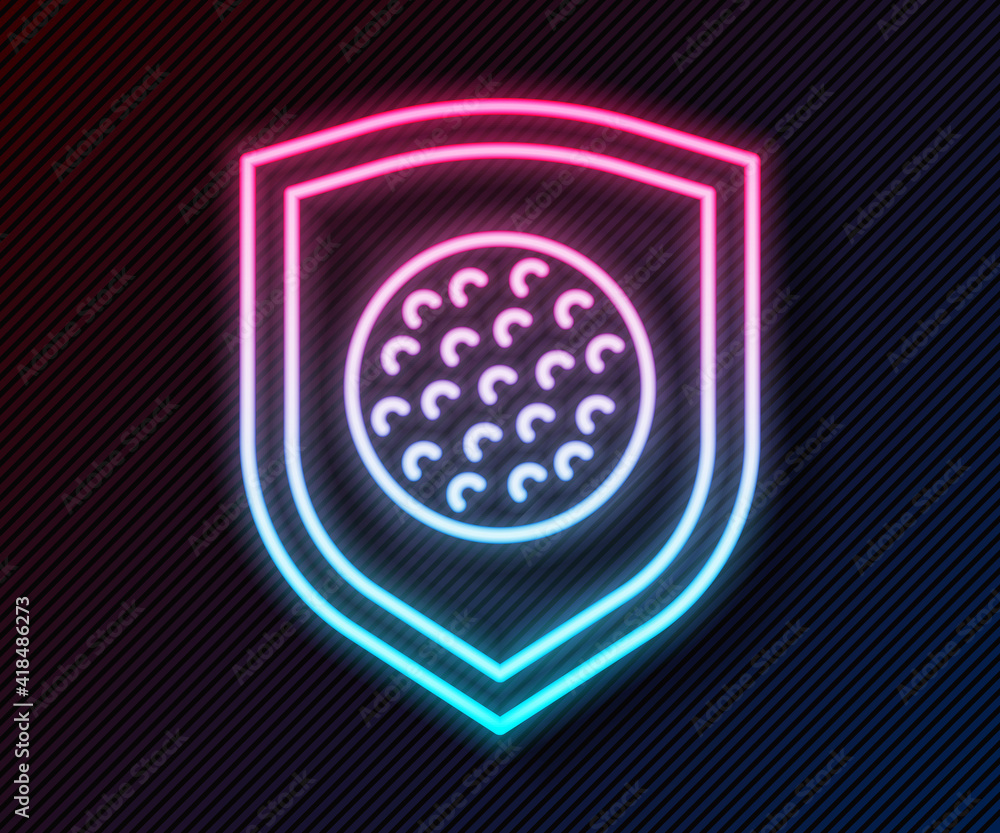 Glowing neon line Golf ball with shield icon isolated on black background. Vector.