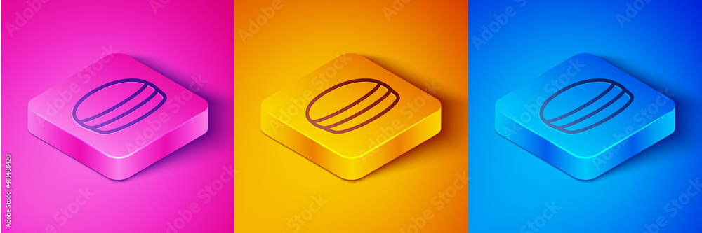 Isometric line Macaron cookie icon isolated on pink and orange, blue background. Macaroon sweet bake