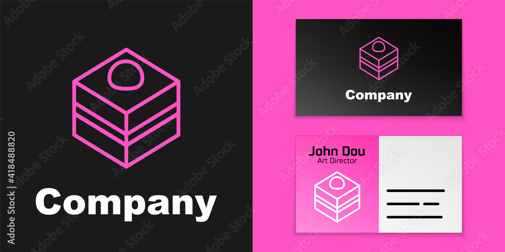 Pink line Brownie chocolate cake icon isolated on black background. Logo design template element. Ve