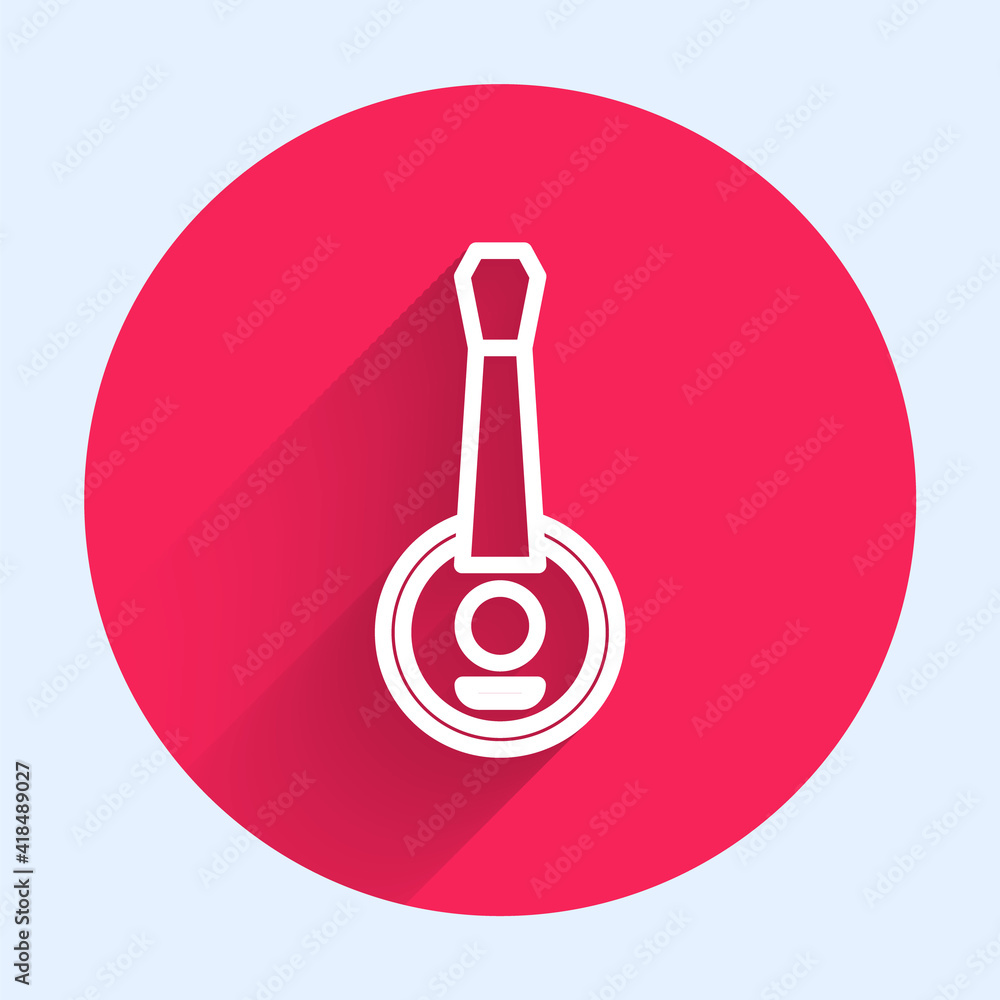 White line Banjo icon isolated with long shadow. Musical instrument. Red circle button. Vector.