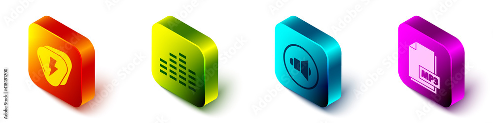 Set Isometric Guitar pick, Music equalizer, Speaker volume and MP3 file document icon. Vector.