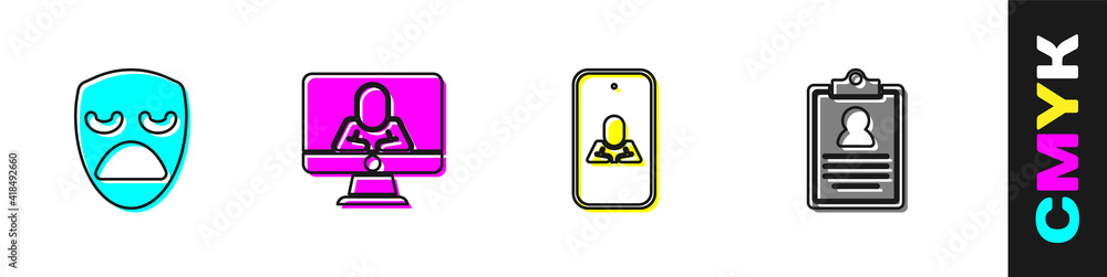 Set Drama theatrical mask, Psychologist online, and Medical clipboard icon. Vector.