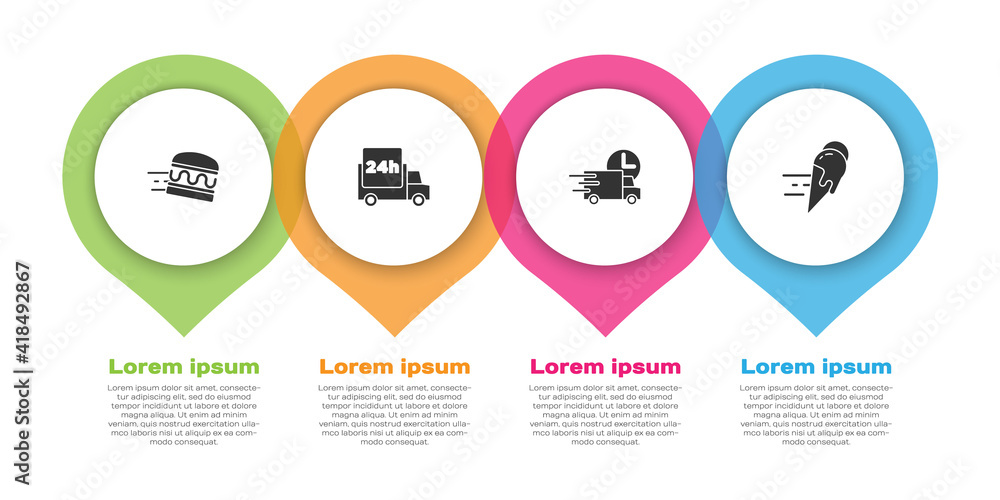 设置在线订购汉堡配送、快速乘车和冰淇淋。商业信息图模板。Vect