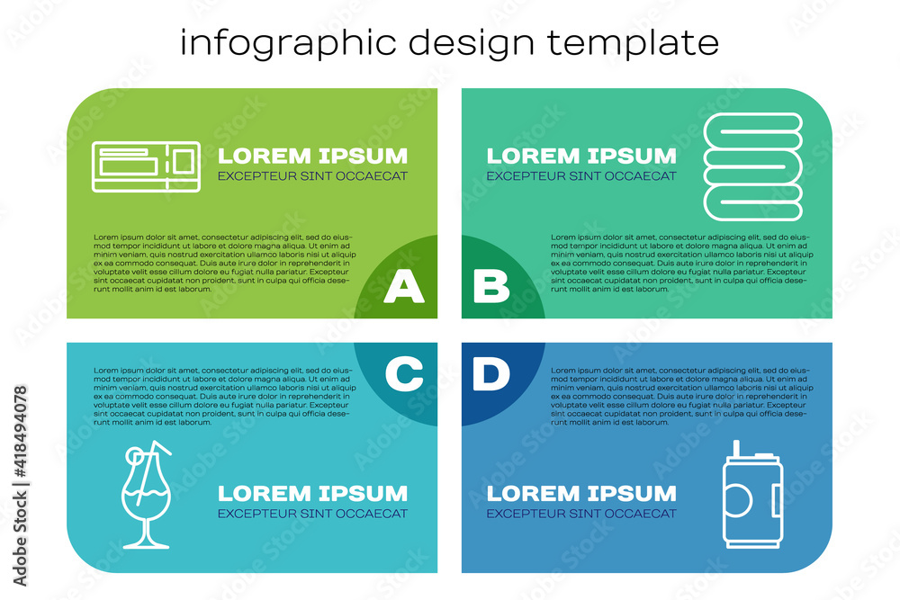 Set line Cocktail and alcohol drink, Travel ticket, Soda can and Towel stack. Business infographic t