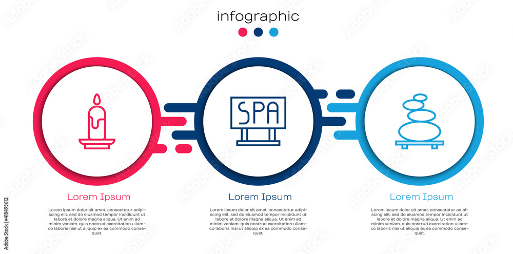 设置线路燃烧蜡烛、水疗沙龙招牌和Stack hot stones。商业信息图模板。Ve