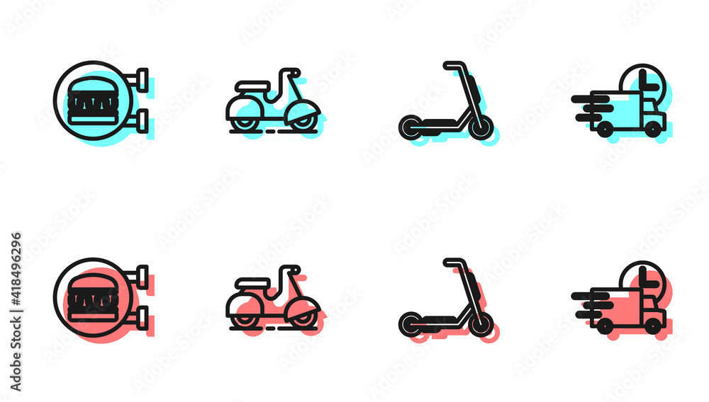 Set line Scooter delivery, Online ordering burger, and Fast by car icon. Vector.