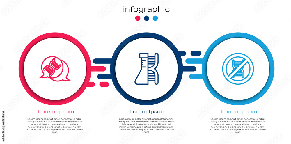 设置行DNA符号，研究，搜索和停止GMO。商业信息图模板。矢量。