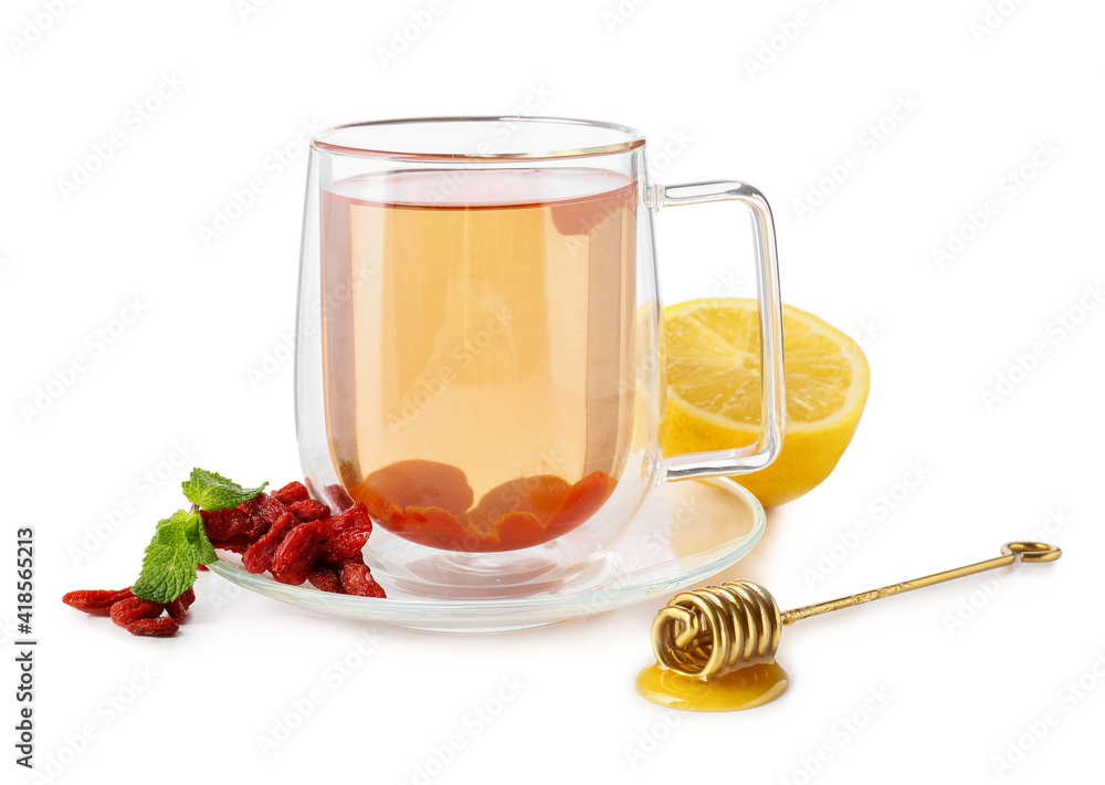 Cup of goji tea on white background